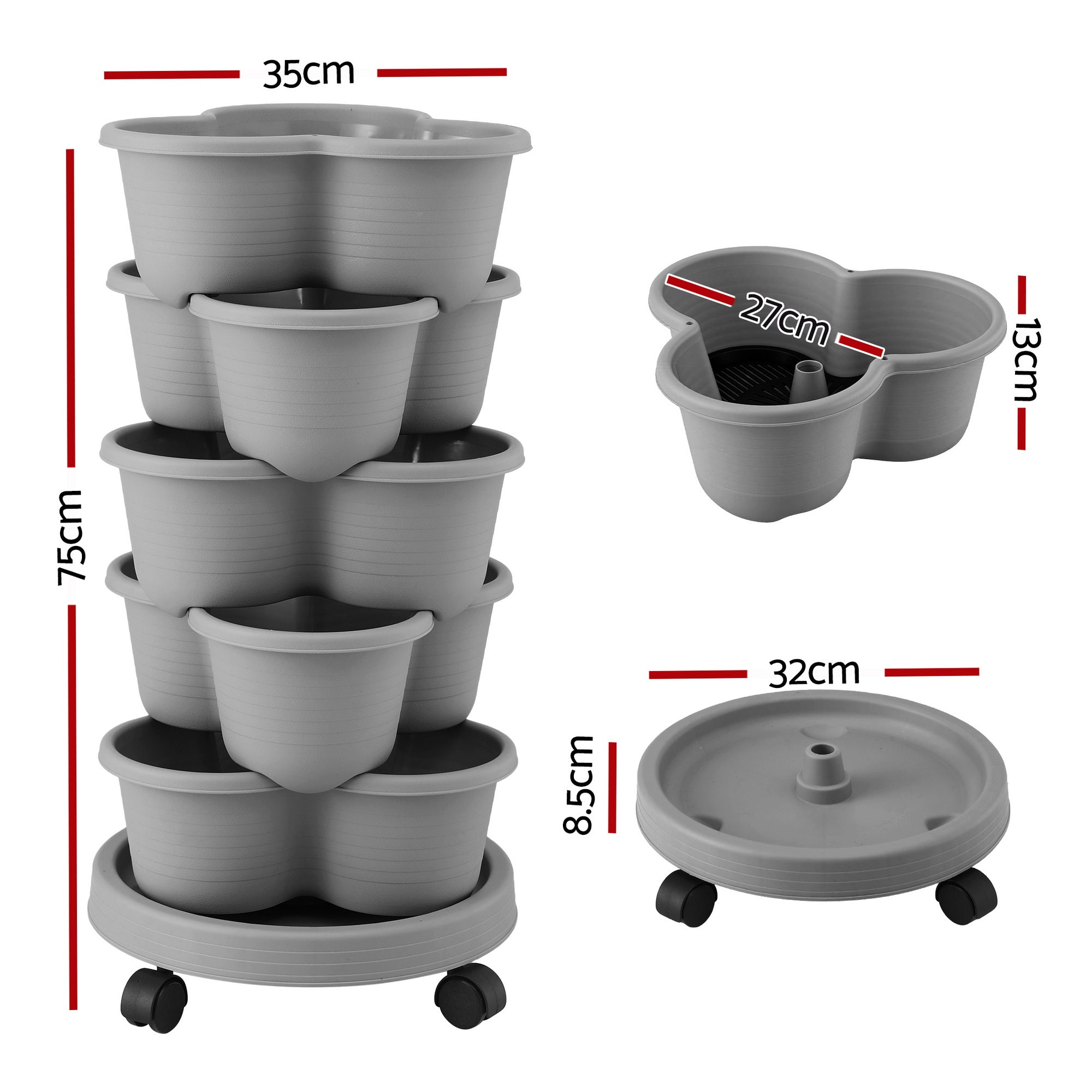 Green Fingers 5 Tier Vertical Garden Planter, Stackable Planters with 4 Wheels, Grey, Raised Garden Bed, Garden Tower Indoor Outdoor, Auto Drainage System, for Strawberries, Herbs, Flower, Vegetables-Home & Garden > Artificial Plants > Pots, Planters & Accessories-PEROZ Accessories