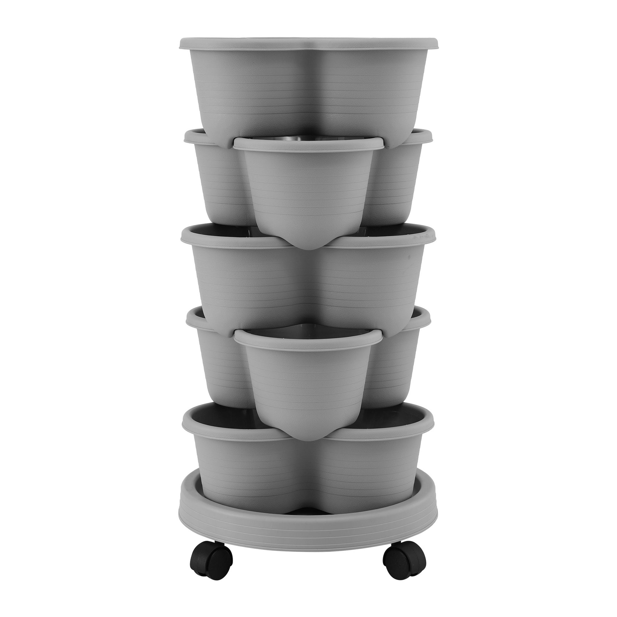 Green Fingers 5 Tier Vertical Garden Planter, Stackable Planters with 4 Wheels, Grey, Raised Garden Bed, Garden Tower Indoor Outdoor, Auto Drainage System, for Strawberries, Herbs, Flower, Vegetables-Home & Garden > Artificial Plants > Pots, Planters & Accessories-PEROZ Accessories