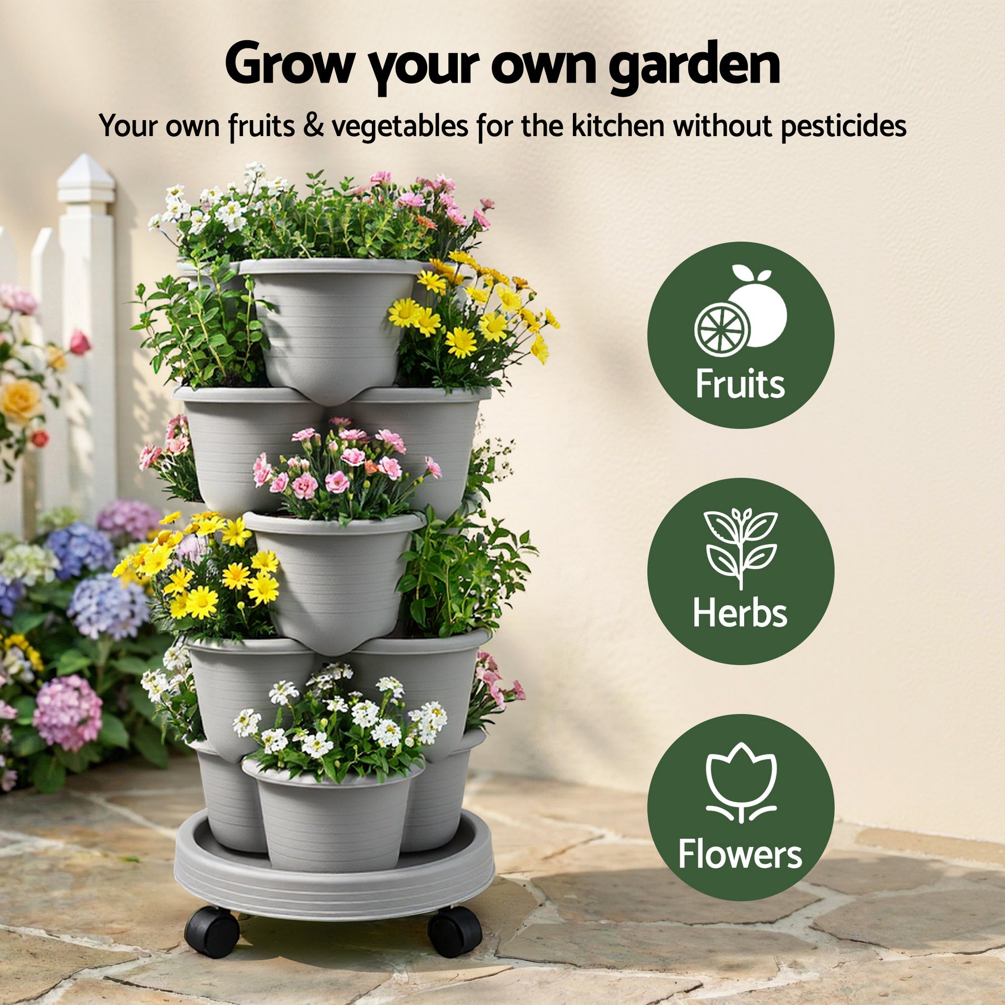 Green Fingers 5 Tier Vertical Garden Planter, Stackable Planters with 4 Wheels, Grey, Raised Garden Bed, Garden Tower Indoor Outdoor, Auto Drainage System, for Strawberries, Herbs, Flower, Vegetables-Home & Garden > Artificial Plants > Pots, Planters & Accessories-PEROZ Accessories