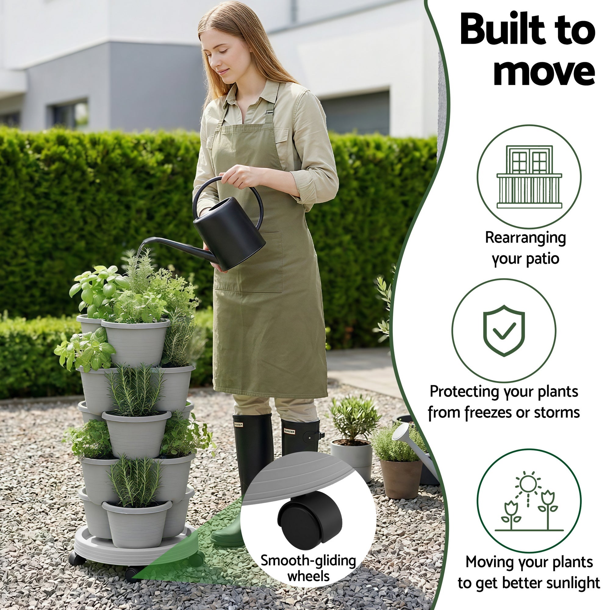 Green Fingers 5 Tier Vertical Garden Planter, Stackable Planters with 4 Wheels, Grey, Raised Garden Bed, Garden Tower Indoor Outdoor, Auto Drainage System, for Strawberries, Herbs, Flower, Vegetables-Home & Garden > Artificial Plants > Pots, Planters & Accessories-PEROZ Accessories