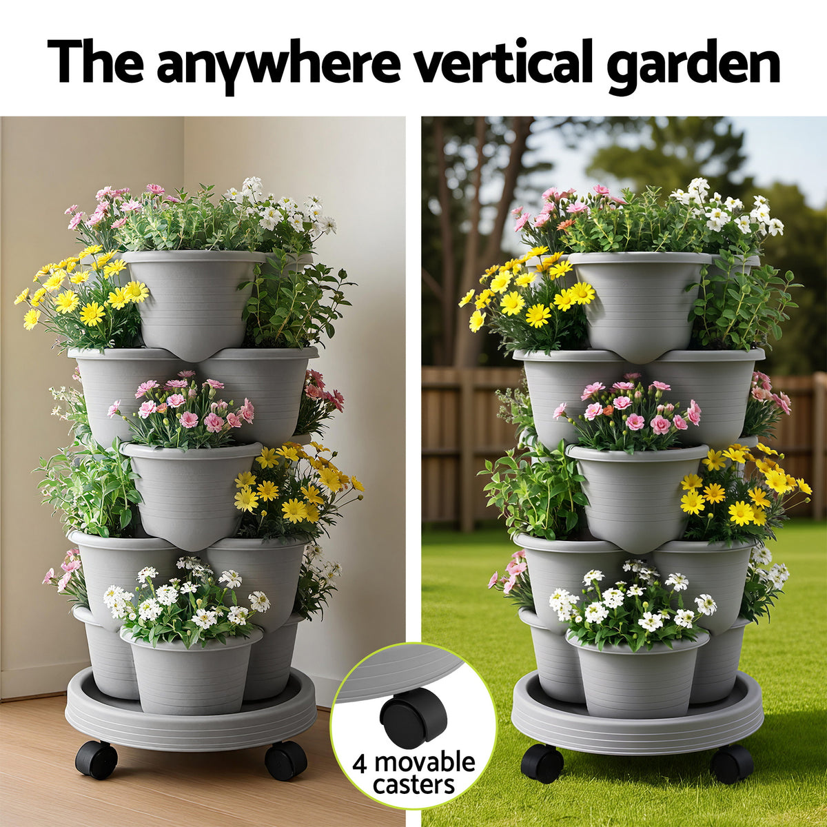 Green Fingers 5 Tier Vertical Garden Planter, Stackable Planters with 4 Wheels, Grey, Raised Garden Bed, Garden Tower Indoor Outdoor, Auto Drainage System, for Strawberries, Herbs, Flower, Vegetables-Home & Garden > Artificial Plants > Pots, Planters & Accessories-PEROZ Accessories