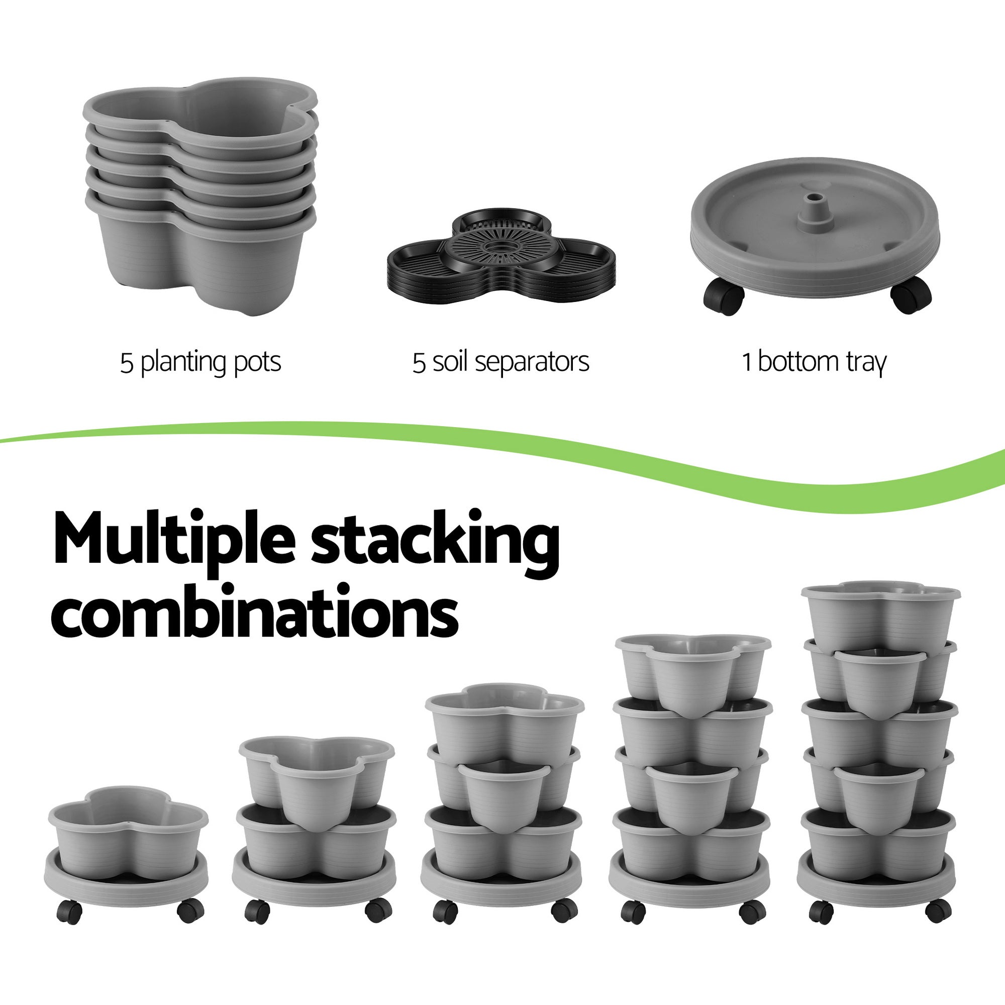 Green Fingers 5 Tier Vertical Garden Planter, Stackable Planters with 4 Wheels, Grey, Raised Garden Bed, Garden Tower Indoor Outdoor, Auto Drainage System, for Strawberries, Herbs, Flower, Vegetables-Home & Garden > Artificial Plants > Pots, Planters & Accessories-PEROZ Accessories