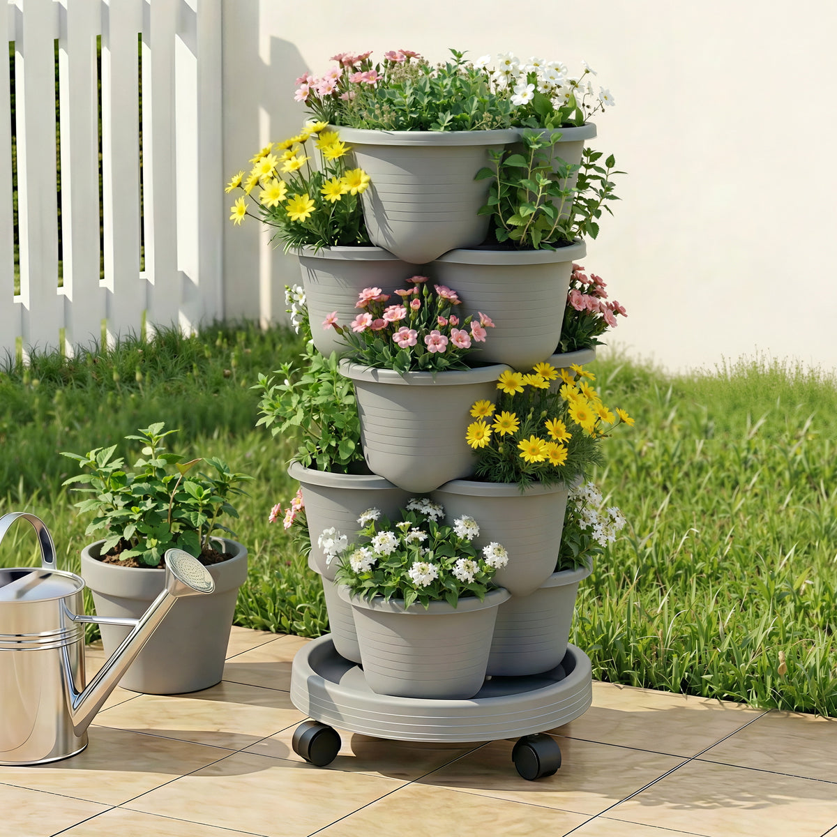 Green Fingers 5 Tier Vertical Garden Planter, Stackable Planters with 4 Wheels, Grey, Raised Garden Bed, Garden Tower Indoor Outdoor, Auto Drainage System, for Strawberries, Herbs, Flower, Vegetables-Home & Garden > Artificial Plants > Pots, Planters & Accessories-PEROZ Accessories