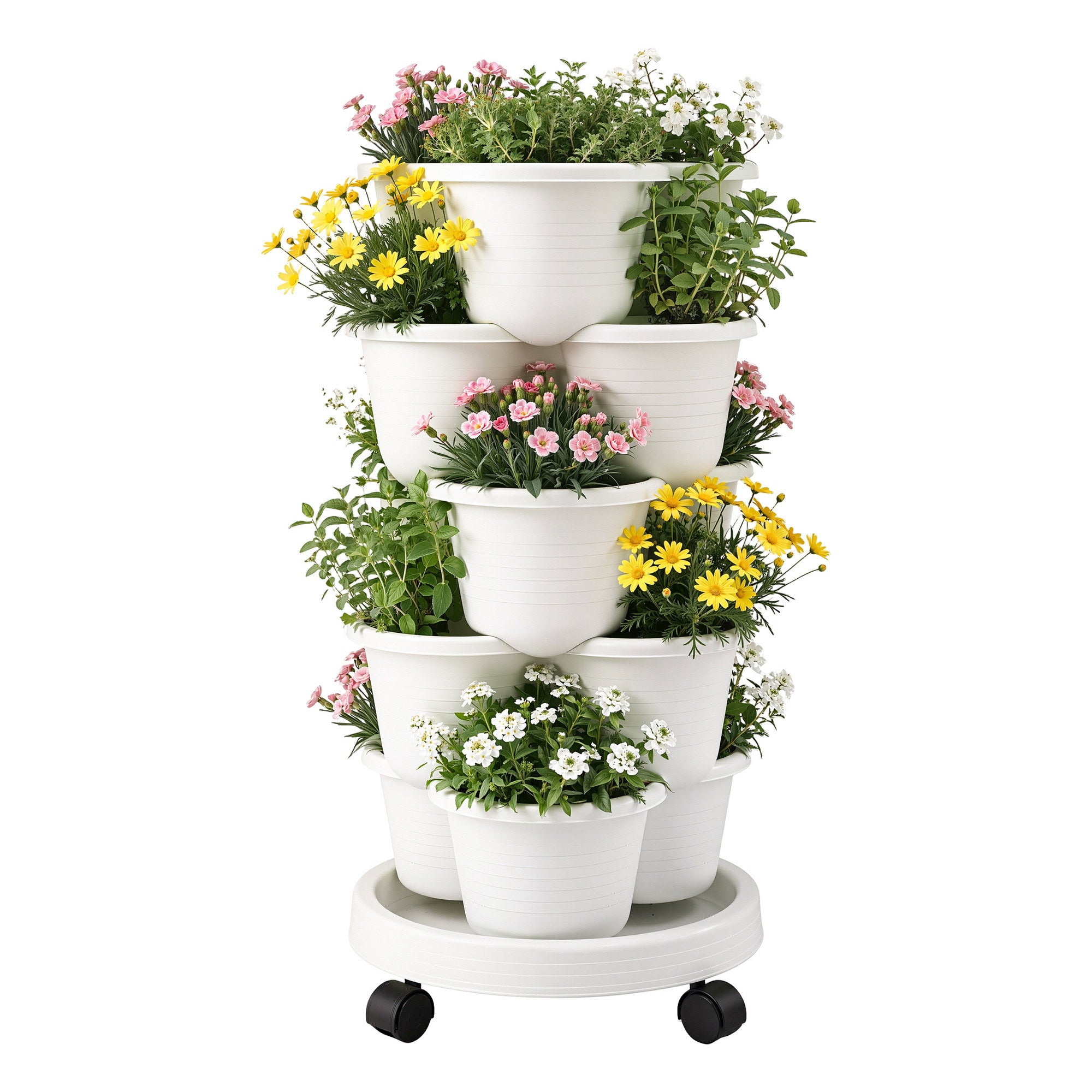 Green Fingers 5 Tier Vertical Garden Planter, Stackable Planters with Wheels, White, Garden Bed, Garden Tower Indoor Outdoor, Auto Drainage System, for Strawberries, Herbs, Flowers, Vegetables-Home & Garden > Artificial Plants > Pots, Planters & Accessories-PEROZ Accessories