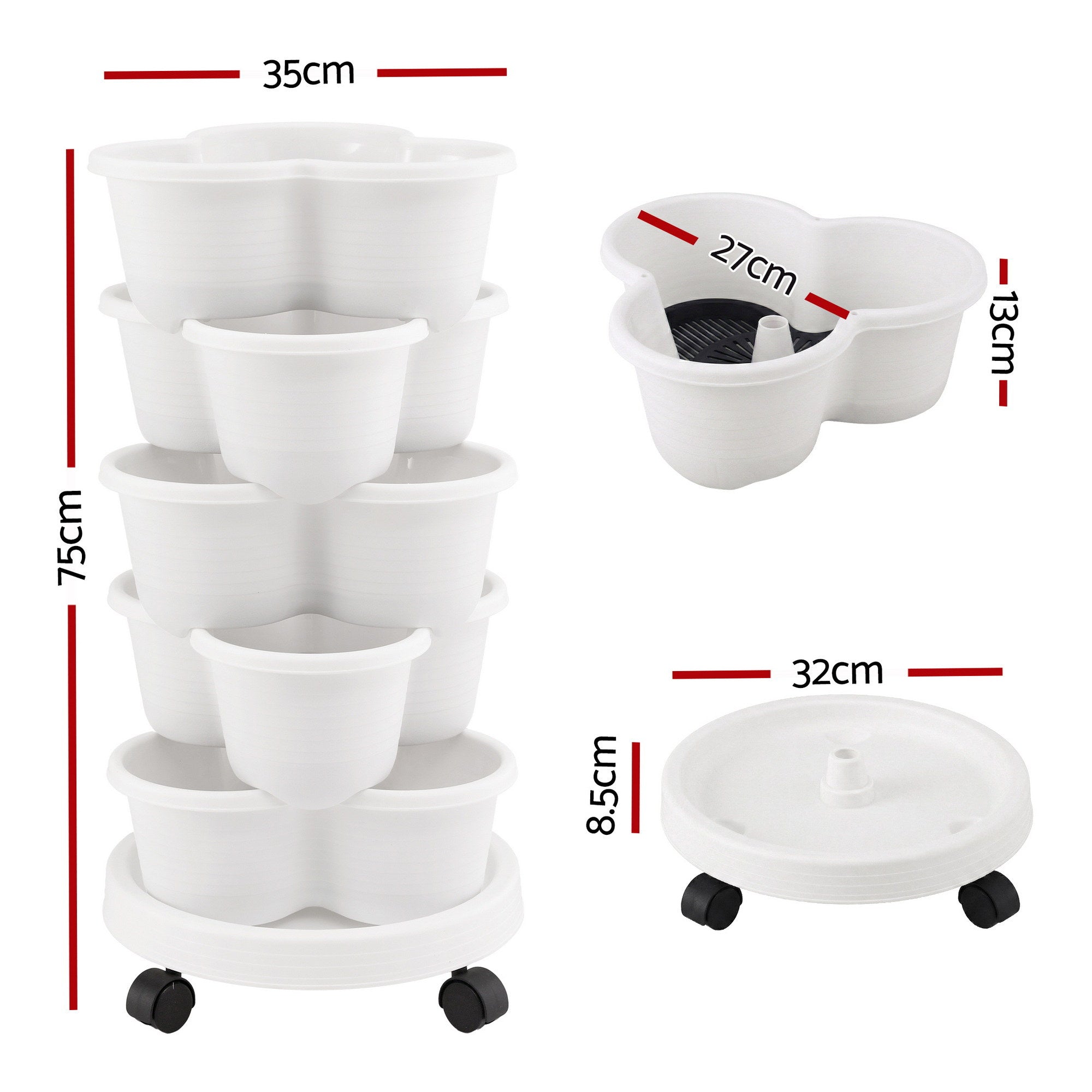 Green Fingers 5 Tier Vertical Garden Planter, Stackable Planters with Wheels, White, Garden Bed, Garden Tower Indoor Outdoor, Auto Drainage System, for Strawberries, Herbs, Flowers, Vegetables-Home & Garden > Artificial Plants > Pots, Planters & Accessories-PEROZ Accessories