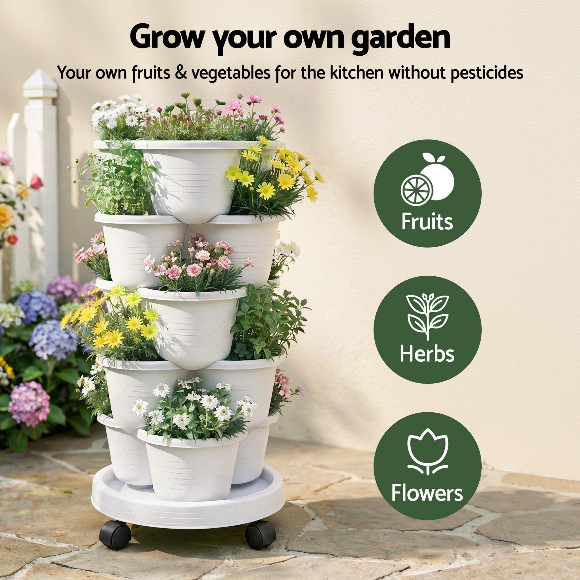 Green Fingers 5 Tier Vertical Garden Planter, Stackable Planters with Wheels, White, Garden Bed, Garden Tower Indoor Outdoor, Auto Drainage System, for Strawberries, Herbs, Flowers, Vegetables-Home & Garden > Artificial Plants > Pots, Planters & Accessories-PEROZ Accessories