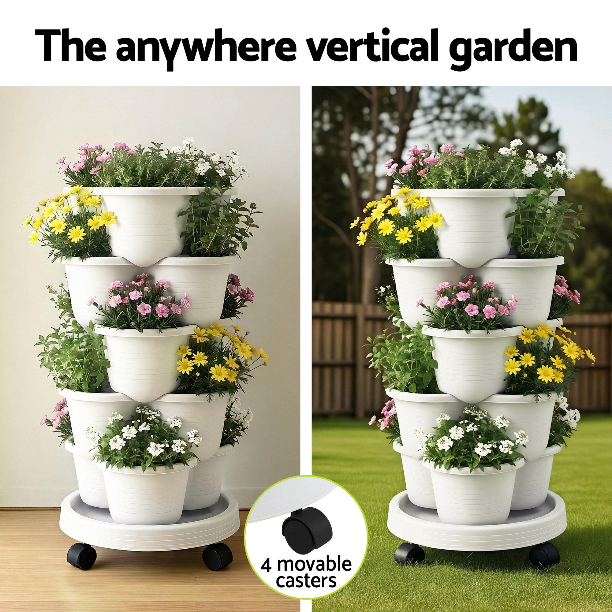 Green Fingers 5 Tier Vertical Garden Planter, Stackable Planters with Wheels, White, Garden Bed, Garden Tower Indoor Outdoor, Auto Drainage System, for Strawberries, Herbs, Flowers, Vegetables-Home & Garden > Artificial Plants > Pots, Planters & Accessories-PEROZ Accessories