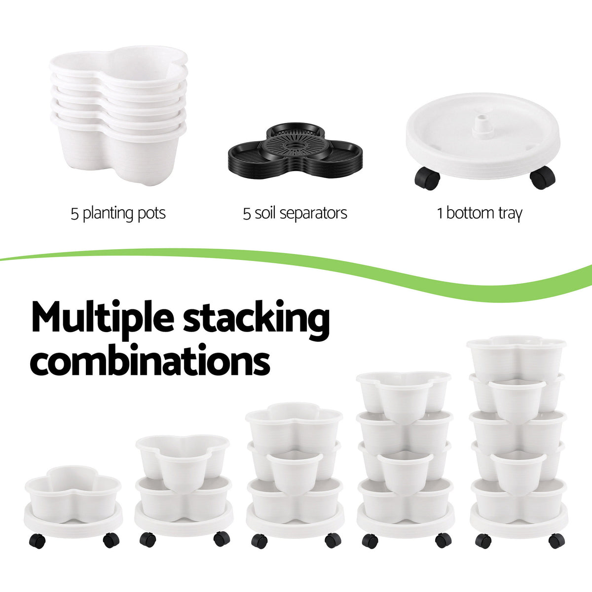 Green Fingers 5 Tier Vertical Garden Planter, Stackable Planters with Wheels, White, Garden Bed, Garden Tower Indoor Outdoor, Auto Drainage System, for Strawberries, Herbs, Flowers, Vegetables-Home & Garden > Artificial Plants > Pots, Planters & Accessories-PEROZ Accessories