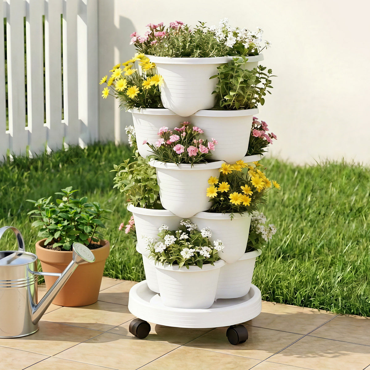 Green Fingers 5 Tier Vertical Garden Planter, Stackable Planters with Wheels, White, Garden Bed, Garden Tower Indoor Outdoor, Auto Drainage System, for Strawberries, Herbs, Flowers, Vegetables-Home & Garden > Artificial Plants > Pots, Planters & Accessories-PEROZ Accessories