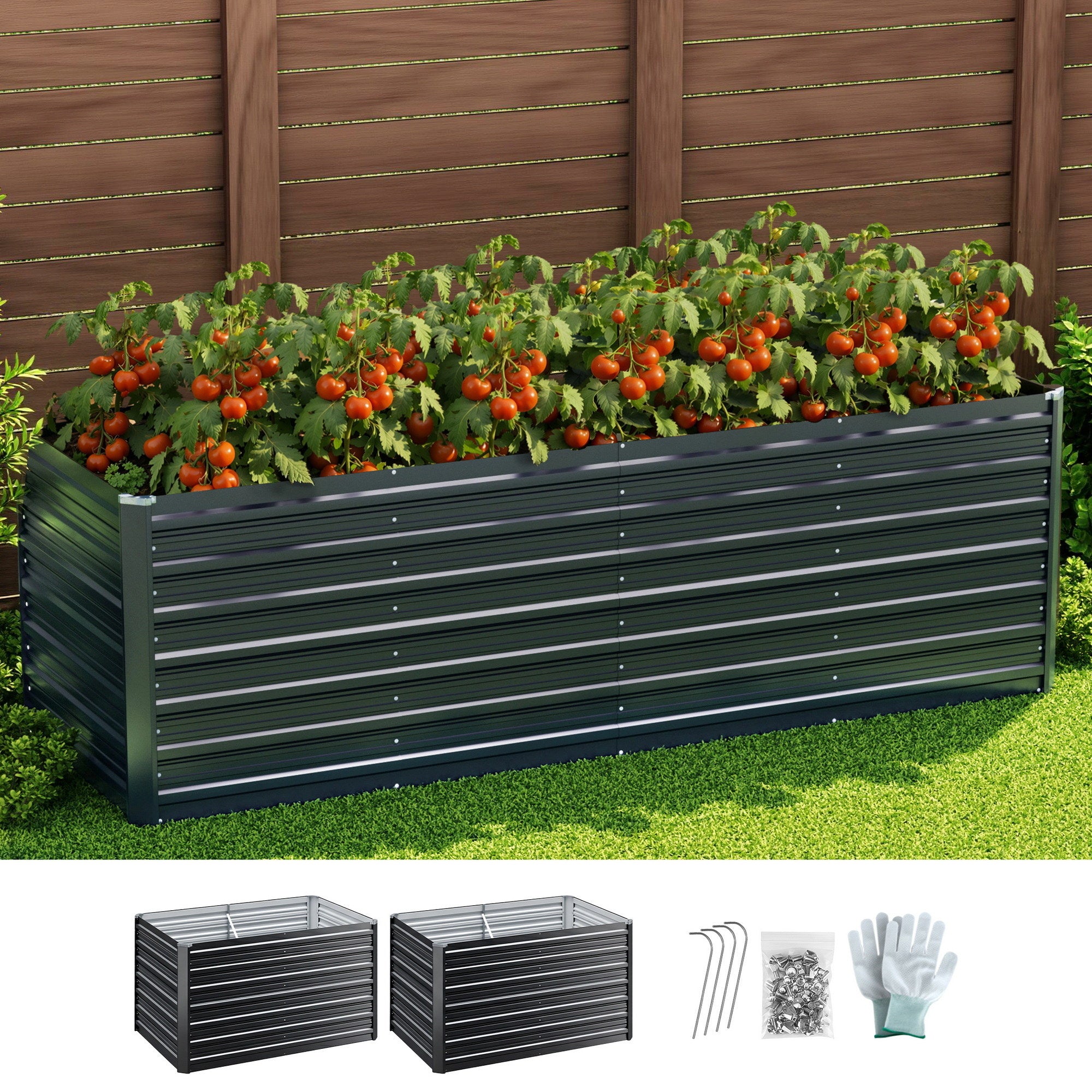 Green Fingers 2-in-1 Raised Garden Bed Kit, 240cm/120cm| 77cm Extra Deep Ergonomic Planter Box | Protect Your Back | Galvanised Steel Vegetable Flower Pot for Outdoor Garden | Includes Gloves & Pegs-Home & Garden > Garden Beds-PEROZ Accessories