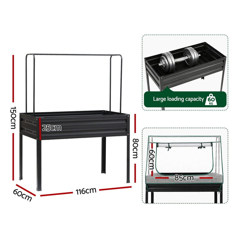 Green Fingers Elevated Metal Garden Bed Kit w Mini Greenhouse Cover 116x60cm Stand-Up Height Trellis-Home & Garden > Garden Beds > Garden Beds & Planters-PEROZ Accessories