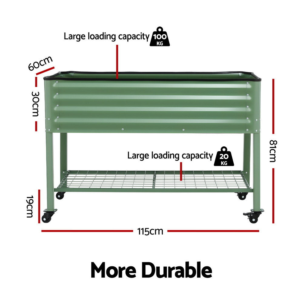Green Fingers Elevated Raised Garden Bed Kit Mobile w/ Locking Wheels & Storage Shelf 100KG Max Load 115x60x81cm | Galvanized Steel, Portable Green Organizer for Seniors, Patio, Balcony, Vegetables-Home & Garden > Garden Beds > Garden Beds & Planters-PEROZ Accessories