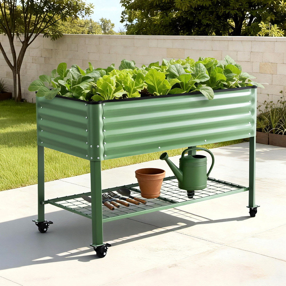 Green Fingers Elevated Raised Garden Bed Kit Mobile w/ Locking Wheels & Storage Shelf 100KG Max Load 115x60x81cm | Galvanized Steel, Portable Green Organizer for Seniors, Patio, Balcony, Vegetables-Home & Garden > Garden Beds > Garden Beds & Planters-PEROZ Accessories