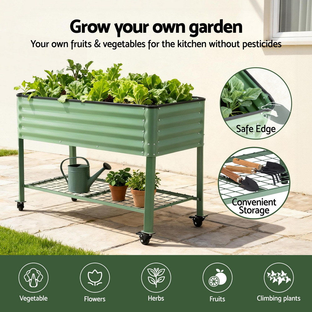 Green Fingers Elevated Raised Garden Bed Kit Mobile w/ Locking Wheels & Storage Shelf 100KG Max Load 115x60x81cm | Galvanized Steel, Portable Green Organizer for Seniors, Patio, Balcony, Vegetables-Home & Garden > Garden Beds > Garden Beds & Planters-PEROZ Accessories