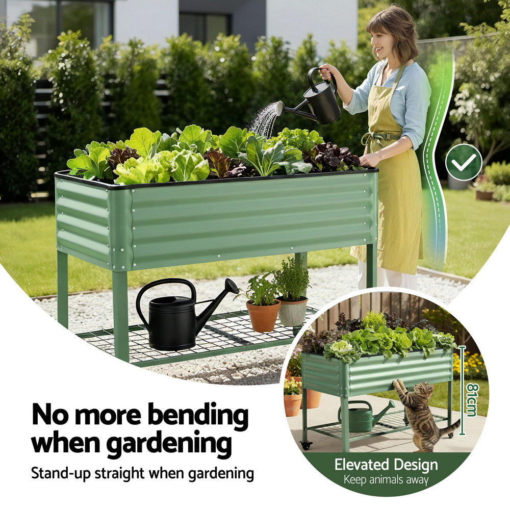 Green Fingers Elevated Raised Garden Bed Kit Mobile w/ Locking Wheels & Storage Shelf 100KG Max Load 115x60x81cm | Galvanized Steel, Portable Green Organizer for Seniors, Patio, Balcony, Vegetables-Home & Garden > Garden Beds > Garden Beds & Planters-PEROZ Accessories