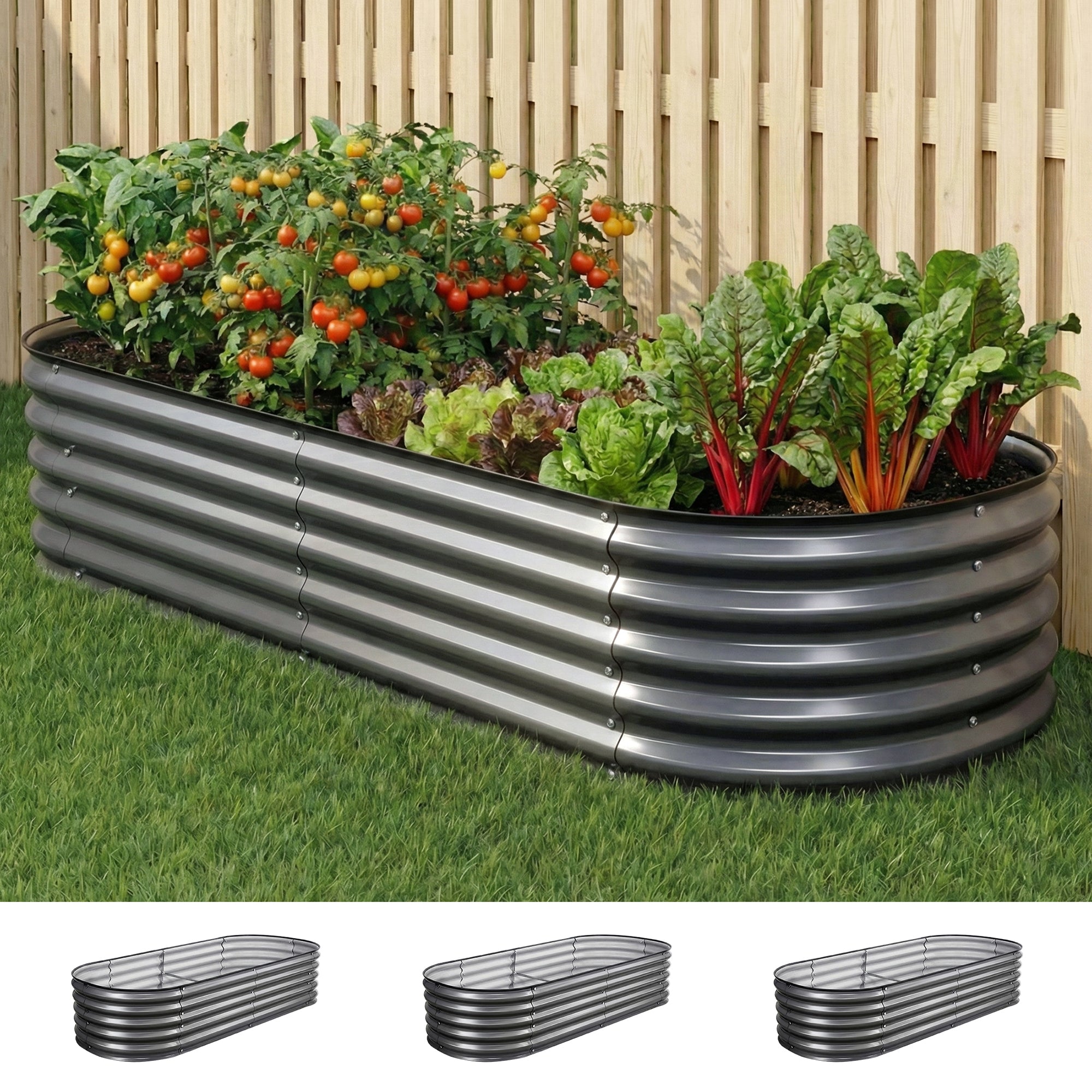 Green Fingers 3 Pcs Raised Garden Bed Kit Oval Galvanized Steel Planter Boxes 160x80x42cm, Heavy Duty Metal Elevated Garden Bed for Vegetables Flowers Herbs, with Safety Edging, Gloves & Pegs Included-Home & Garden > Garden Beds > Garden Beds & Planters-PEROZ Accessories