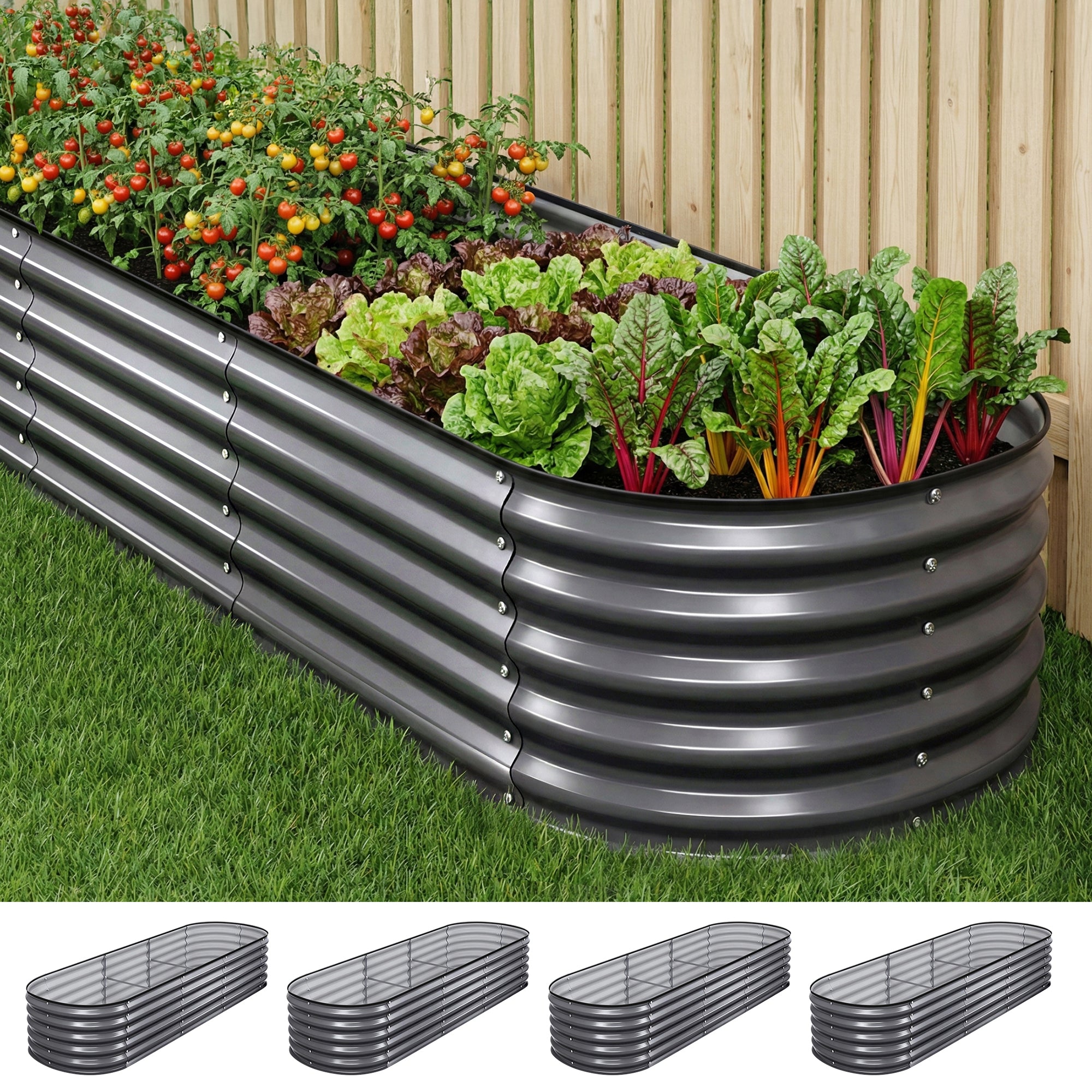 Green Fingers 4 Pcs Raised Garden Bed Kit Oval Galvanized Steel Planter Boxes 240x80x42cm, Heavy Duty Metal Elevated Garden Bed for Vegetables Flowers Herbs, with Safety Edging, Gloves & Pegs Included-Home & Garden > Garden Beds > Garden Beds & Planters-PEROZ Accessories