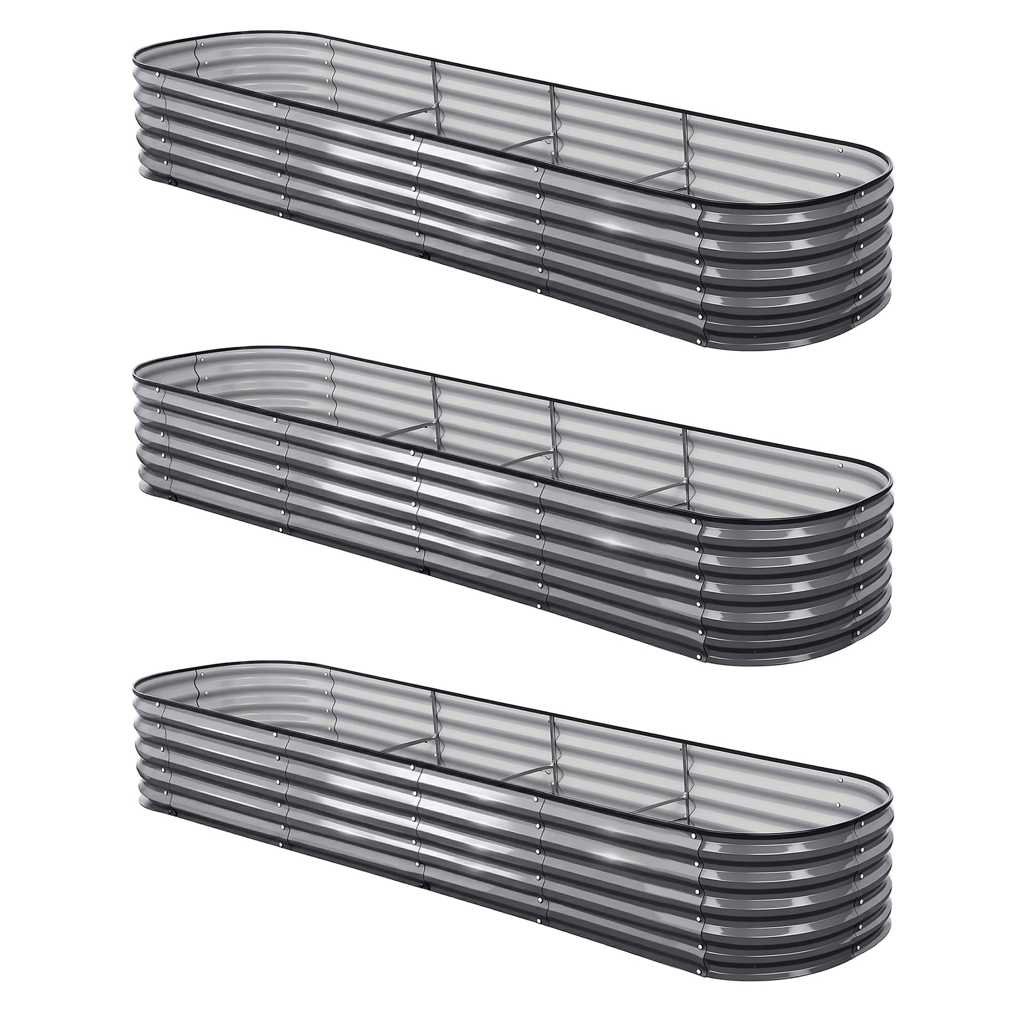 Green Fingers 3 Pcs Raised Garden Bed Kit Oval Galvanized Steel Planter Boxes 320x80x42cm, Heavy Duty Metal Elevated Garden Bed for Vegetables Flowers Herbs, with Safety Edging, Gloves & Pegs Included-Home & Garden > Garden Beds > Garden Beds & Planters-PEROZ Accessories