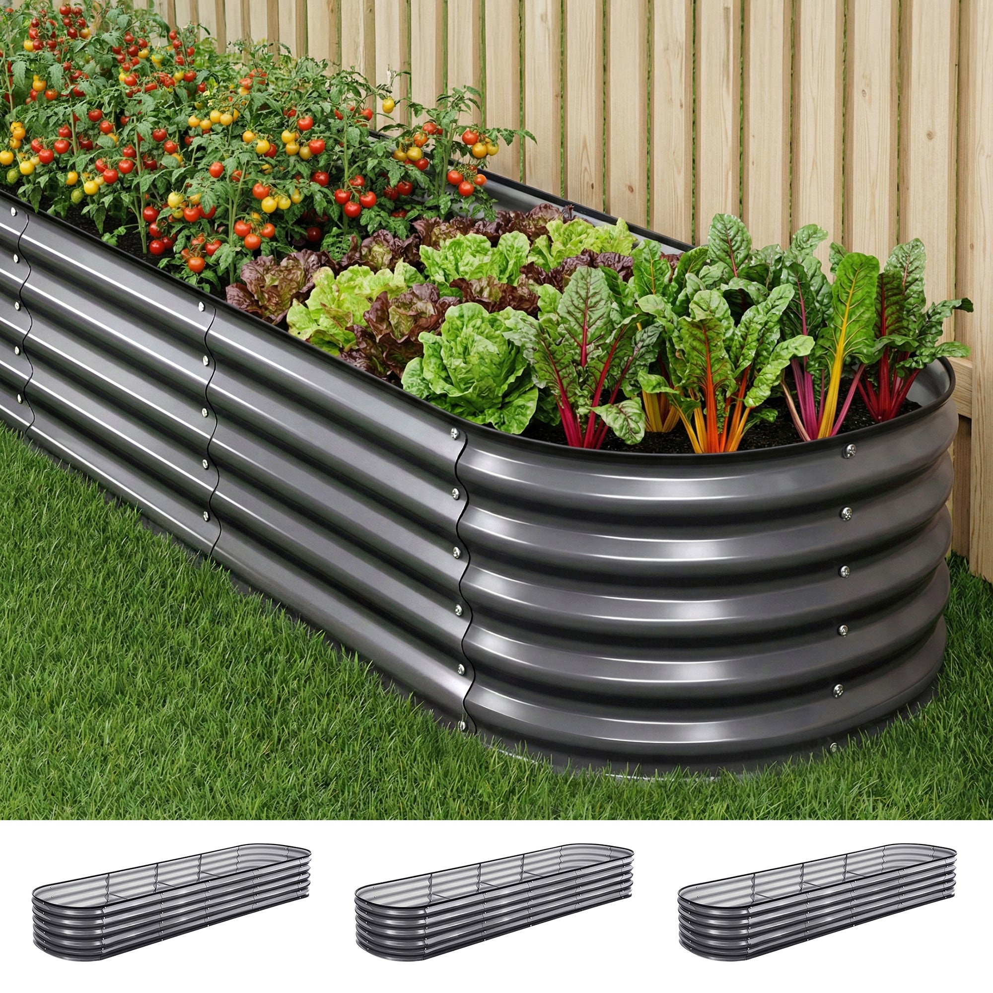 Green Fingers 3 Pcs Raised Garden Bed Kit Oval Galvanized Steel Planter Boxes 320x80x42cm, Heavy Duty Metal Elevated Garden Bed for Vegetables Flowers Herbs, with Safety Edging, Gloves & Pegs Included-Home & Garden > Garden Beds > Garden Beds & Planters-PEROZ Accessories