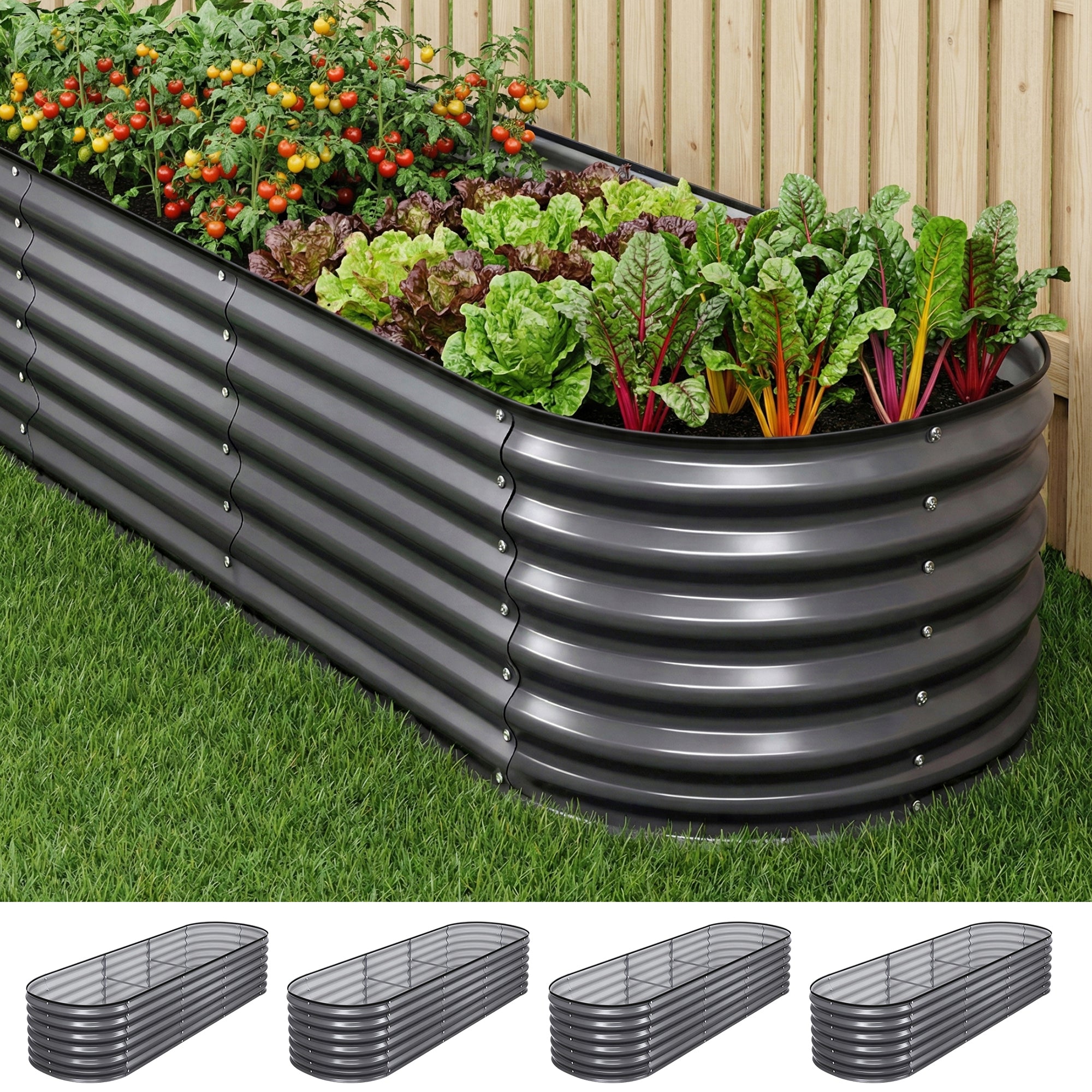 Green Fingers 4 Pcs Raised Garden Bed Kit Oval Galvanized Steel Planter Boxes 240x80x56cm, Heavy Duty Metal Elevated Garden Bed for Vegetables Flowers Herbs, with Safety Edging, Gloves & Pegs Included-Home & Garden > Garden Beds > Garden Beds & Planters-PEROZ Accessories