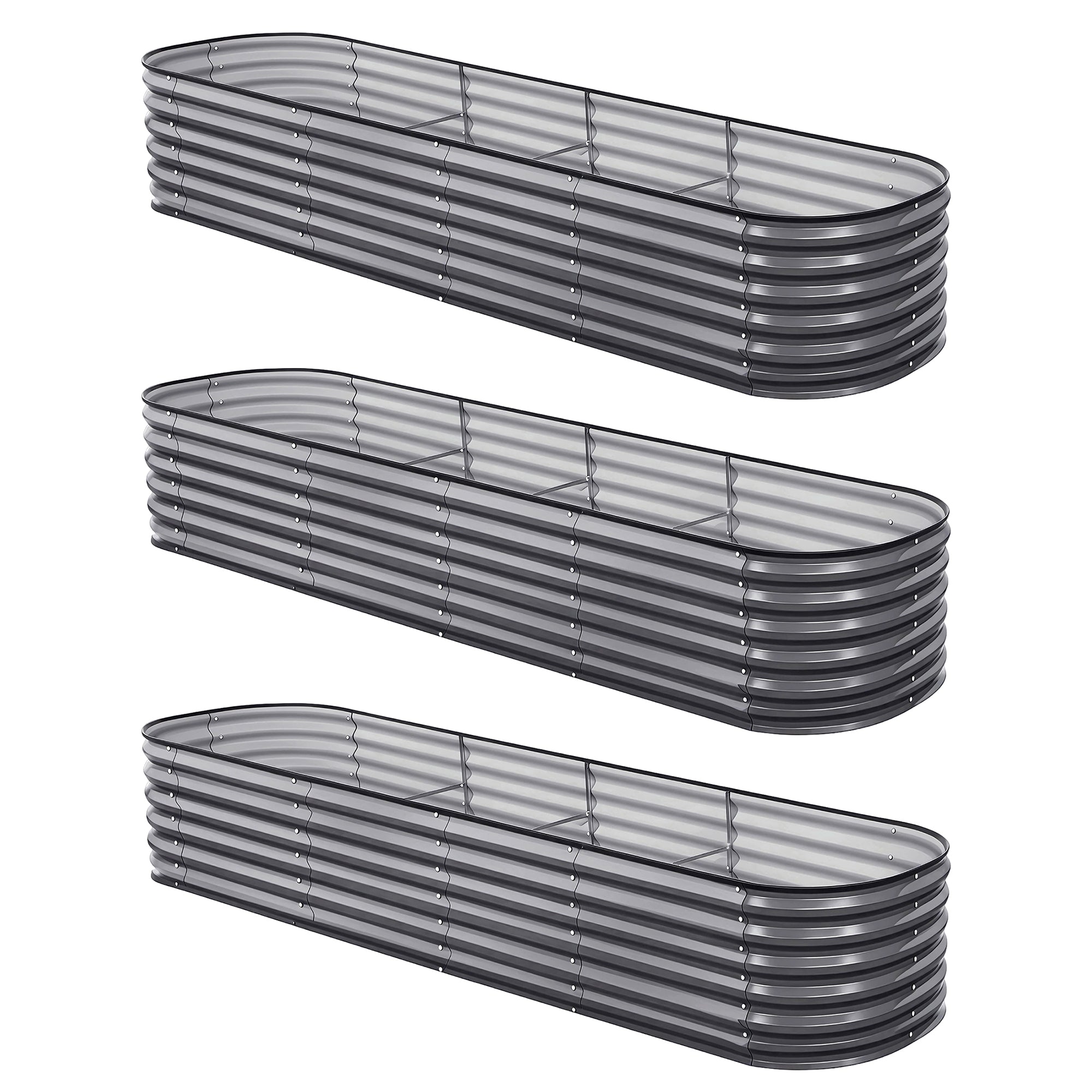 Green Fingers 3 Pcs Raised Garden Bed Kit Oval Galvanized Steel Planter Boxes 320x80x56cm, Heavy Duty Metal Elevated Garden Bed for Vegetables Flowers Herbs, with Safety Edging, Gloves & Pegs Included-Home & Garden > Garden Beds > Garden Beds & Planters-PEROZ Accessories