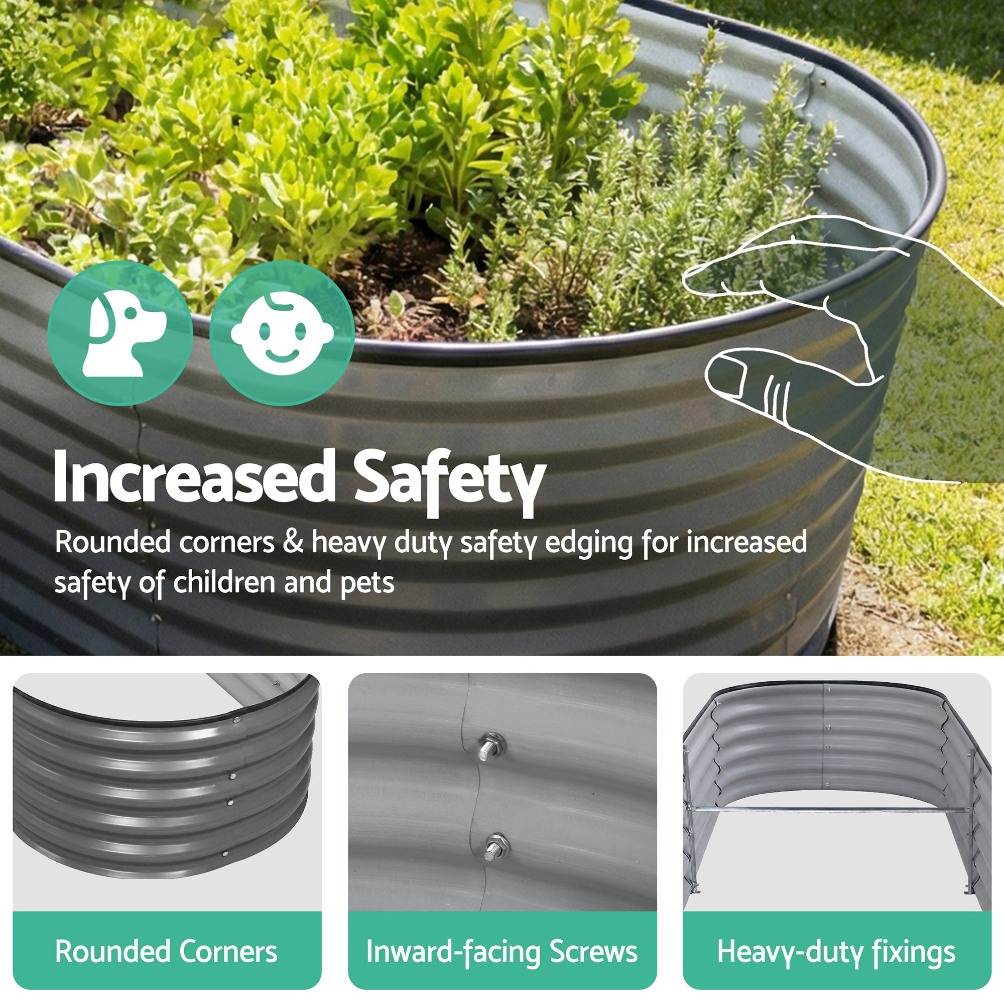 Green Fingers 3 Pcs Raised Garden Bed Kit Oval Galvanized Steel Planter Boxes 320x80x56cm, Heavy Duty Metal Elevated Garden Bed for Vegetables Flowers Herbs, with Safety Edging, Gloves & Pegs Included-Home & Garden > Garden Beds > Garden Beds & Planters-PEROZ Accessories
