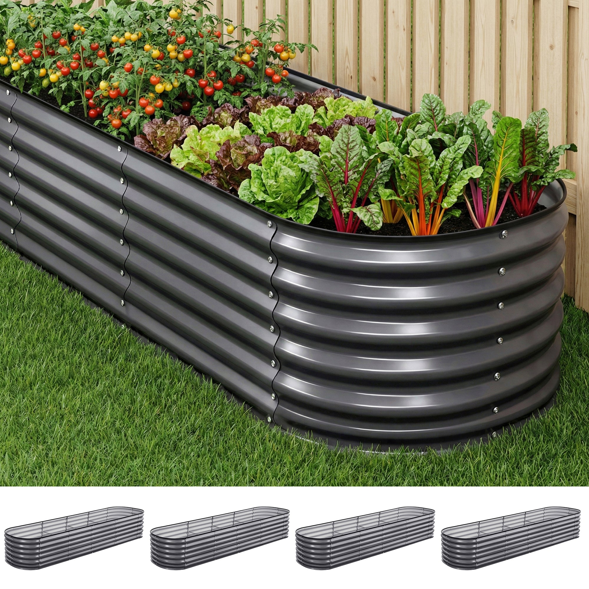 Green Fingers 4 Pcs Raised Garden Bed Kit Oval Galvanized Steel Planter Boxes 320x80x56cm, Heavy Duty Metal Elevated Garden Bed for Vegetables Flowers Herbs, with Safety Edging, Gloves & Pegs Included-Home & Garden > Garden Beds > Garden Beds & Planters-PEROZ Accessories