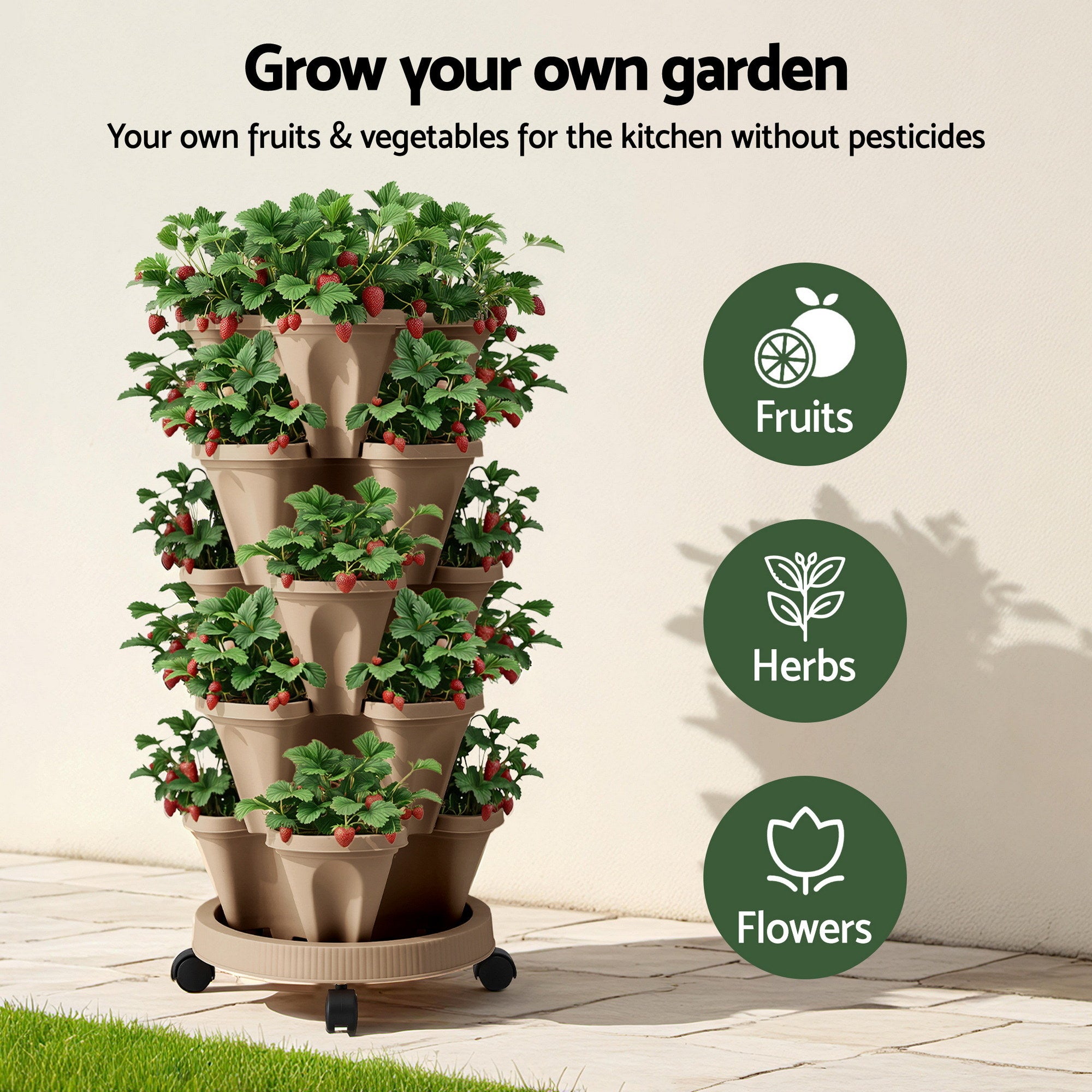 Green Fingers Garden Bed 5 Tier Vertical Garden Grey Strawberry Stackable Planters Herb Petunias Tan-Home & Garden > Artificial Plants > Pots, Planters & Accessories-PEROZ Accessories