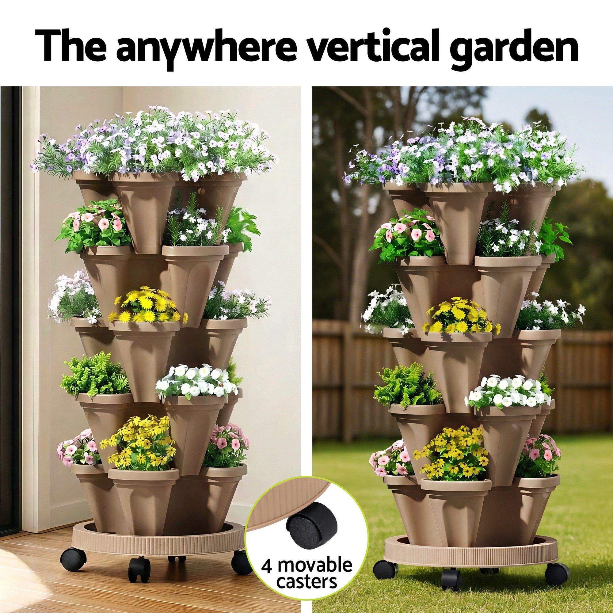 Green Fingers Garden Bed 5 Tier Vertical Garden Grey Strawberry Stackable Planters Herb Petunias Tan-Home & Garden > Artificial Plants > Pots, Planters & Accessories-PEROZ Accessories