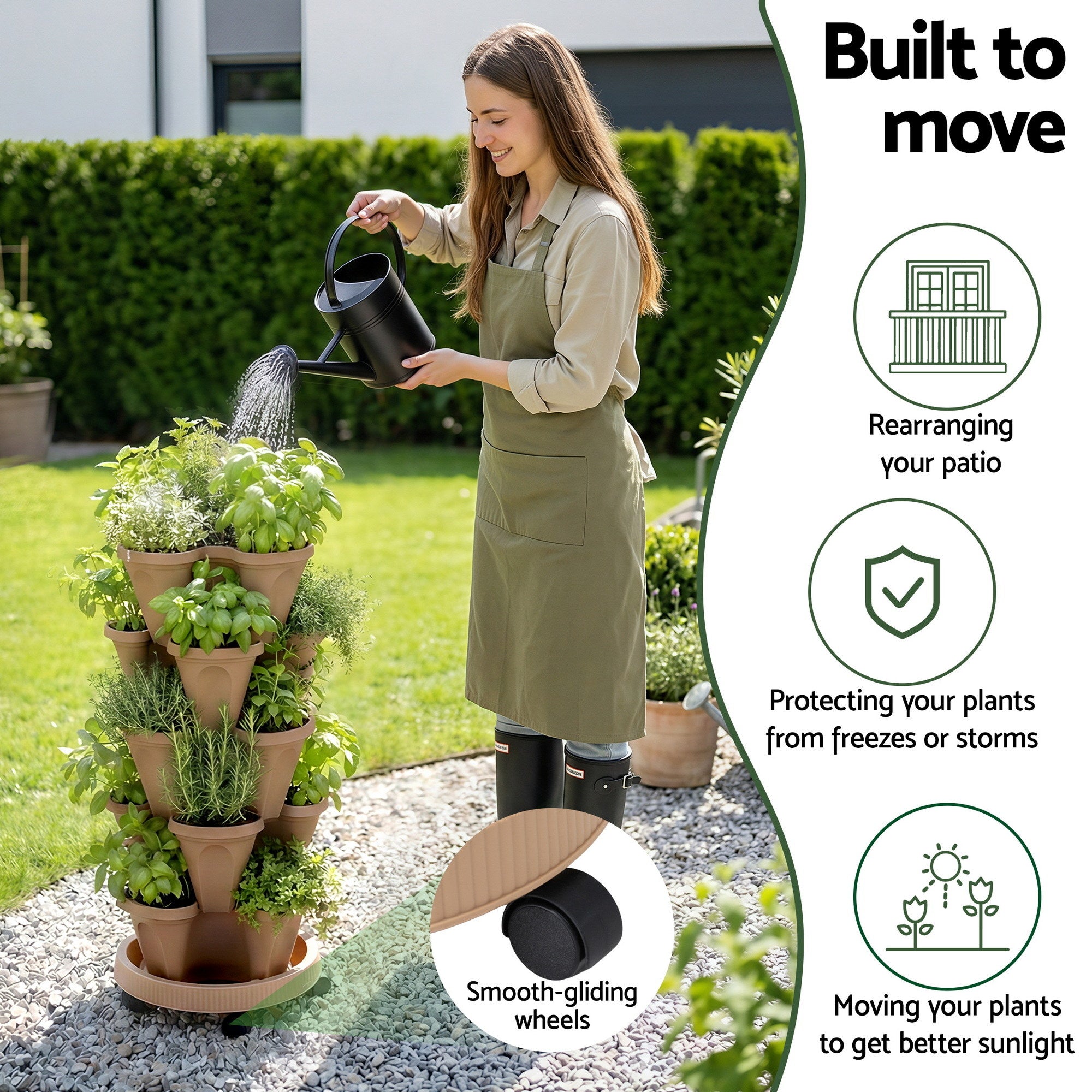 Green Fingers Garden Bed 5 Tier Vertical Garden Grey Strawberry Stackable Planters Herb Petunias Tan-Home & Garden > Artificial Plants > Pots, Planters & Accessories-PEROZ Accessories