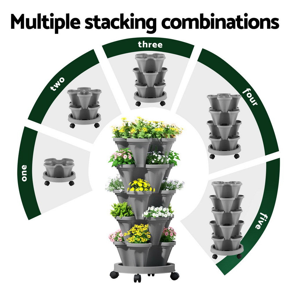 Green Fingers Raised Garden Bed 5 Tier Vertical Garden Grey Strawberry Stackable Planters Herbs Petunias-Home & Garden > Garden Beds > Garden Beds & Planters-PEROZ Accessories