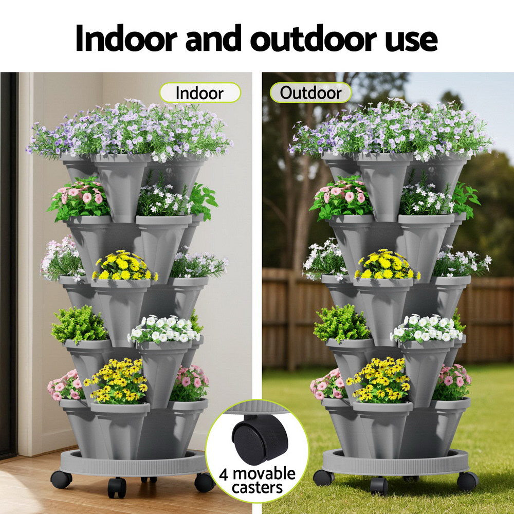 Green Fingers Raised Garden Bed 5 Tier Vertical Garden Grey Strawberry Stackable Planters Herbs Petunias-Home & Garden > Garden Beds > Garden Beds & Planters-PEROZ Accessories