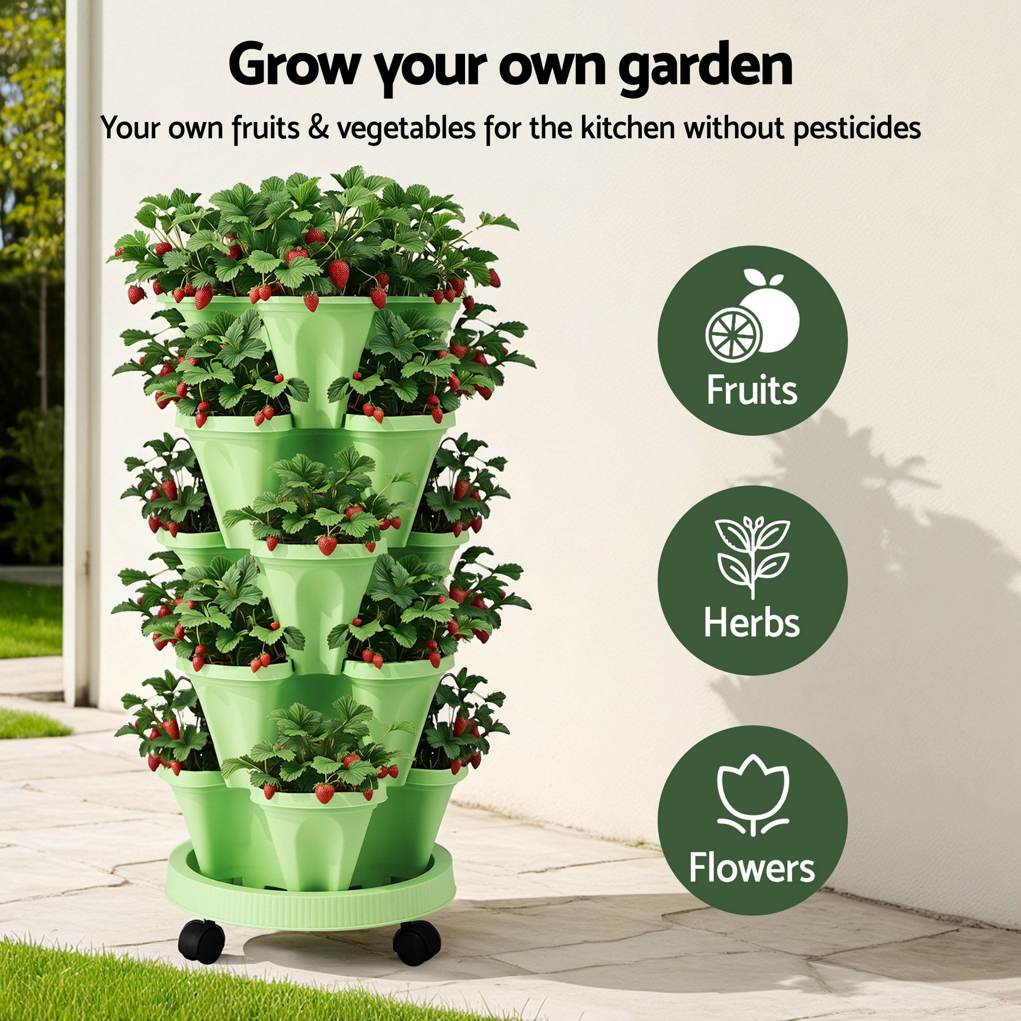 Green Fingers Garden Bed 5 Tier Vertical Garden Grey Strawberry Stackable Planters Herbs Light Green-Home & Garden > Artificial Plants > Pots, Planters & Accessories-PEROZ Accessories