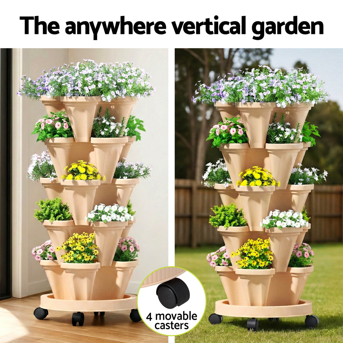 Green Fingers Garden Bed 5 Tier Vertical Garden Grey Strawberry Stackable Planters Herbs Beige-Home & Garden > Artificial Plants > Pots, Planters & Accessories-PEROZ Accessories