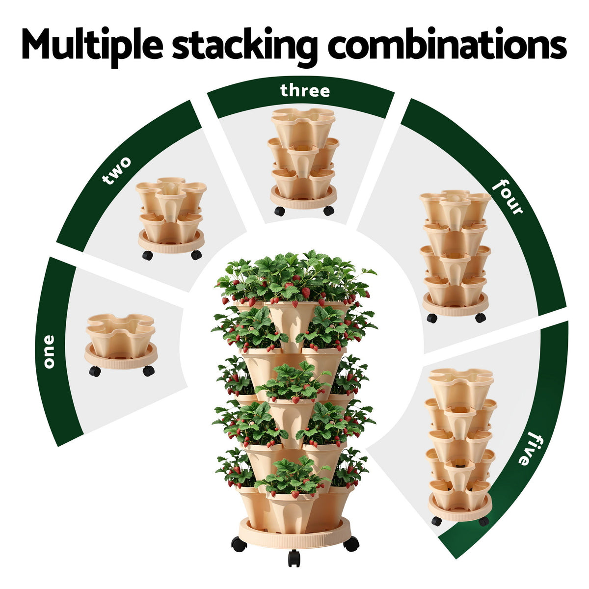 Green Fingers Garden Bed 5 Tier Vertical Garden Grey Strawberry Stackable Planters Herbs Beige-Home & Garden > Artificial Plants > Pots, Planters & Accessories-PEROZ Accessories