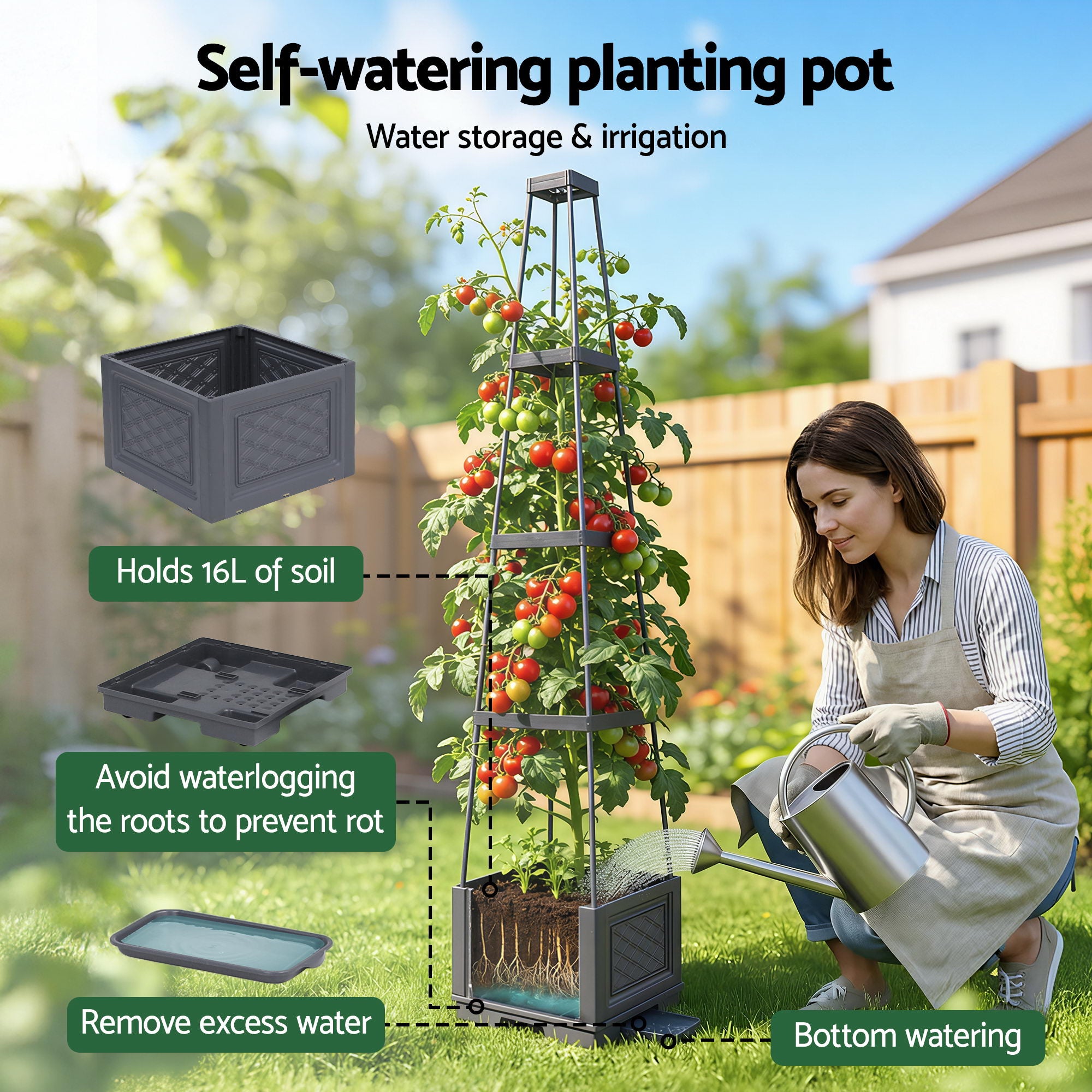 Green Fingers Self Watering Planter with Trellis Adjustable Height Modular Tomato Box 4 Layer 140cm-Home & Garden > Garden Beds > Garden Beds & Planters-PEROZ Accessories