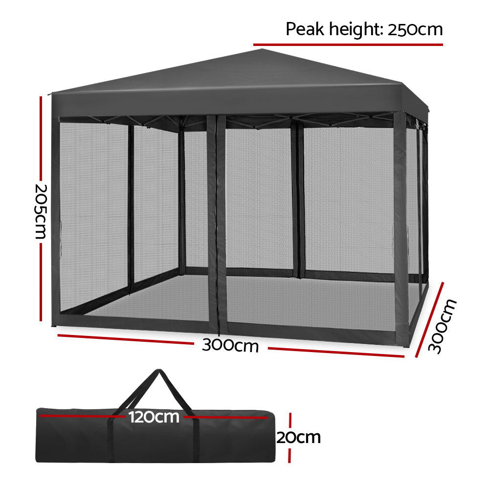 Instahut Gazebo Pop Up Marquee 3x3m Wedding Party Outdoor Camping Tent Canopy Shade Mesh Wall Grey-Home & Garden > Shading-PEROZ Accessories