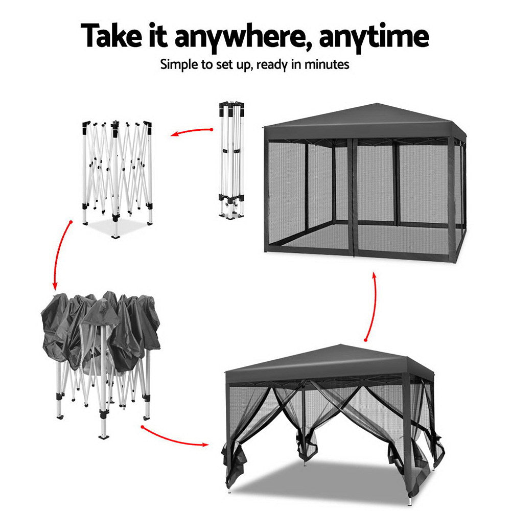 Instahut Gazebo Pop Up Marquee 3x3m Wedding Party Outdoor Camping Tent Canopy Shade Mesh Wall Grey-Home & Garden > Shading-PEROZ Accessories