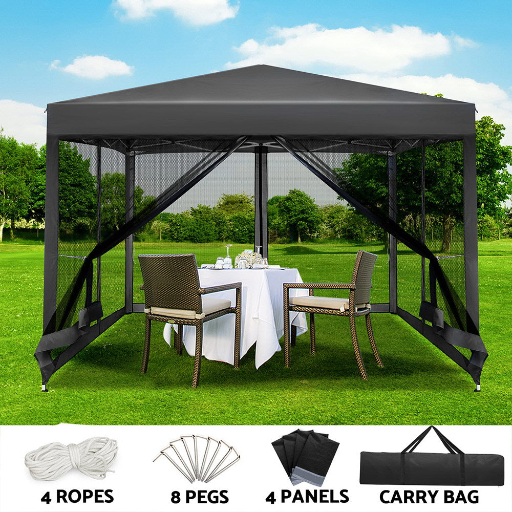 Instahut Gazebo Pop Up Marquee 3x3m Wedding Party Outdoor Camping Tent Canopy Shade Mesh Wall Grey-Home & Garden > Shading-PEROZ Accessories