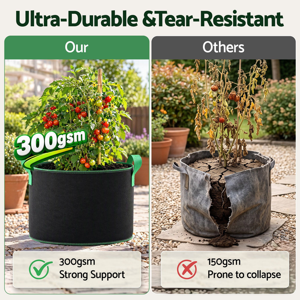 Green Fingers 20 Gallon Grow Bags 300gsm thick Aeration Fabric Pots 10 Pack-Home & Garden > Garden Beds > Garden Beds & Planters-PEROZ Accessories
