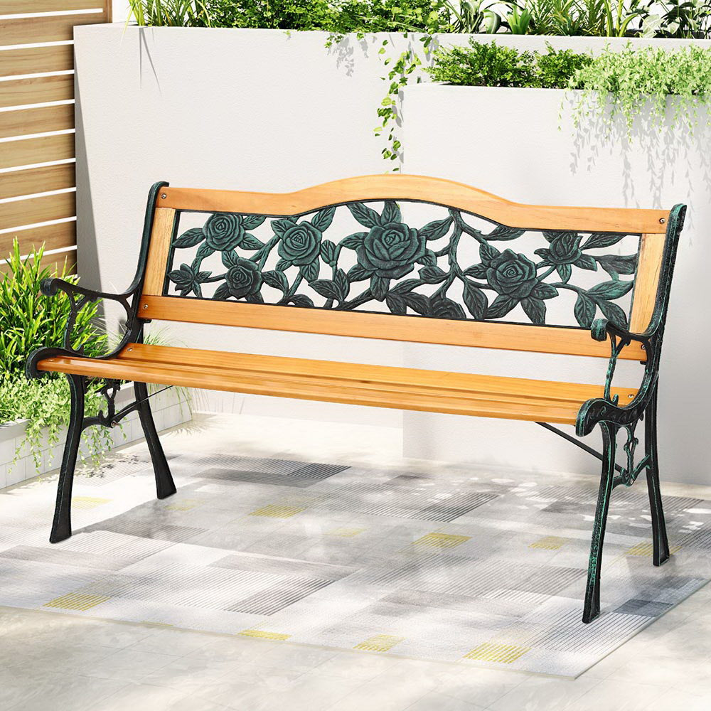 Gardeon Outdoor Garden Bench Seat 126cm Wooden Cast Iron 3 Seater Patio Furniture-Furniture > Outdoor > Outdoor Benches-PEROZ Accessories