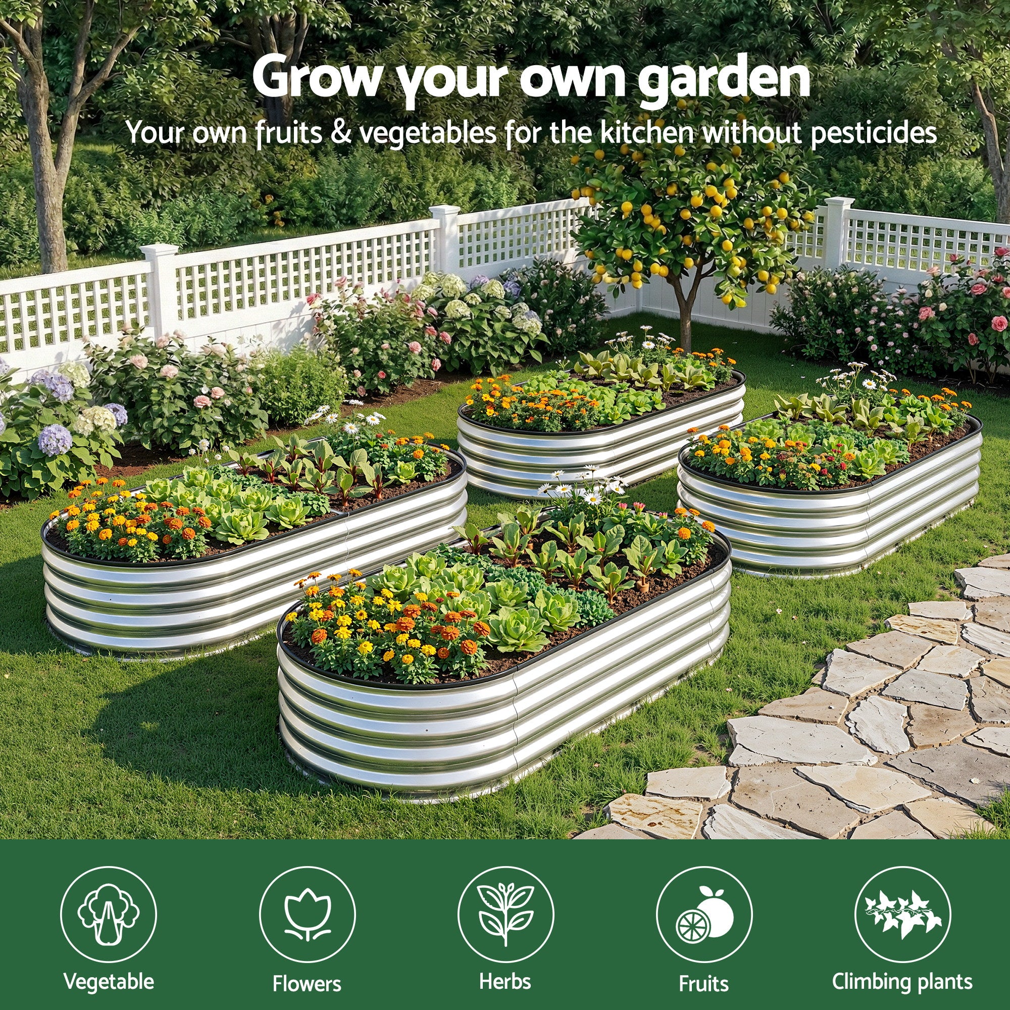 Green Fingers Raised Garden Bed Galvanised Oval Metal Planter Box Large Outdoor 150x70x30cm Silver-Home & Garden > Garden Beds > Garden Beds & Planters-PEROZ Accessories