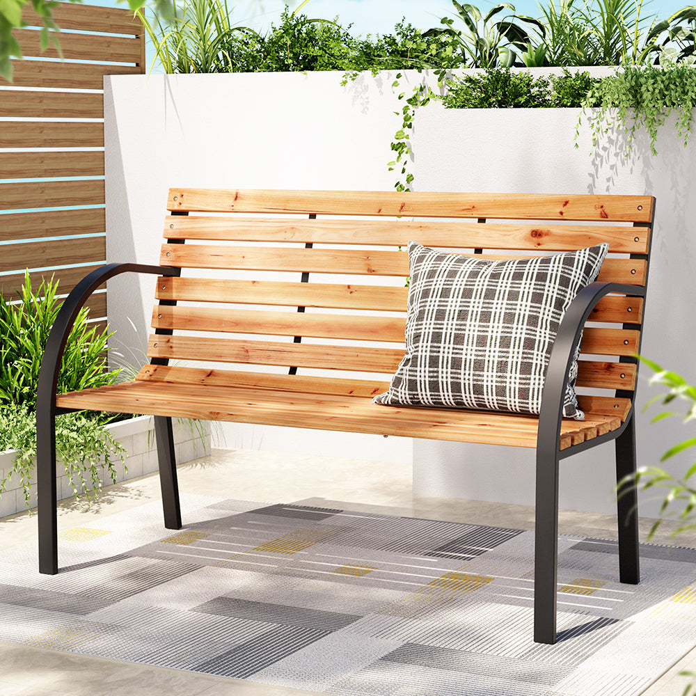 Gardeon Outdoor Garden Bench Seat 120cm Wooden Steel 2 Seater Patio Furniture Natural-Outdoor Benches-PEROZ Accessories
