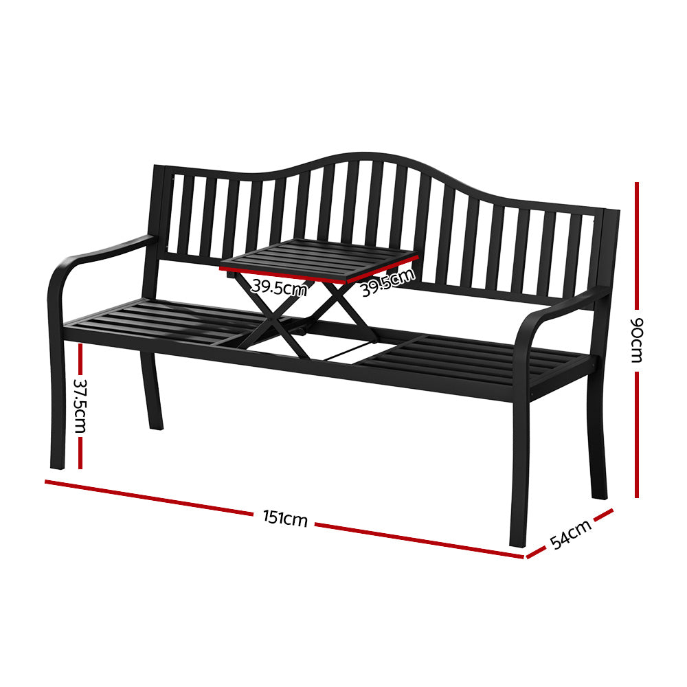 Gardeon Outdoor Garden Bench Seat Loveseat Steel Foldable Table Patio Furniture Black-Outdoor Benches-PEROZ Accessories