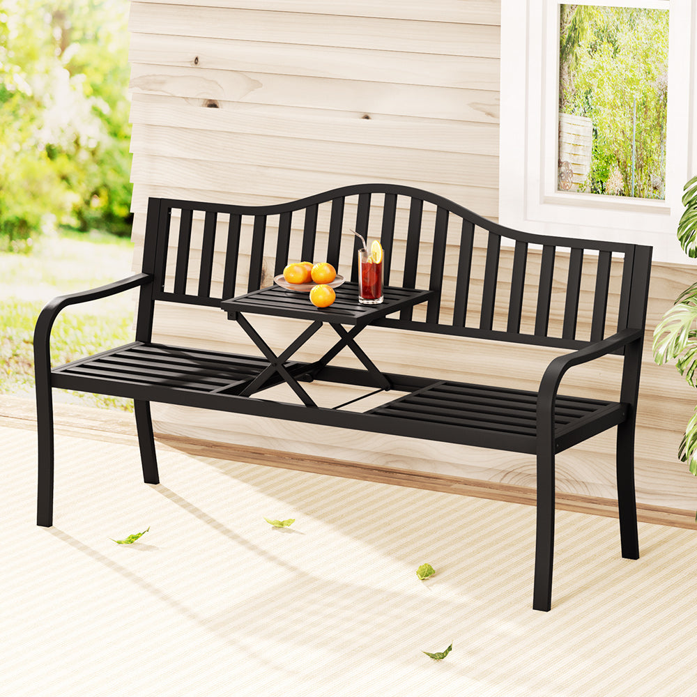 Gardeon Outdoor Garden Bench Seat Loveseat Steel Foldable Table Patio Furniture Black-Outdoor Benches-PEROZ Accessories