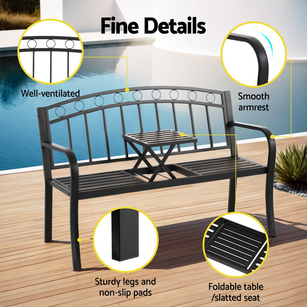 Gardeon Outdoor Garden Bench Seat Loveseat Steel Foldable Table Patio Furniture Black-Furniture > Outdoor > Outdoor Benches-PEROZ Accessories