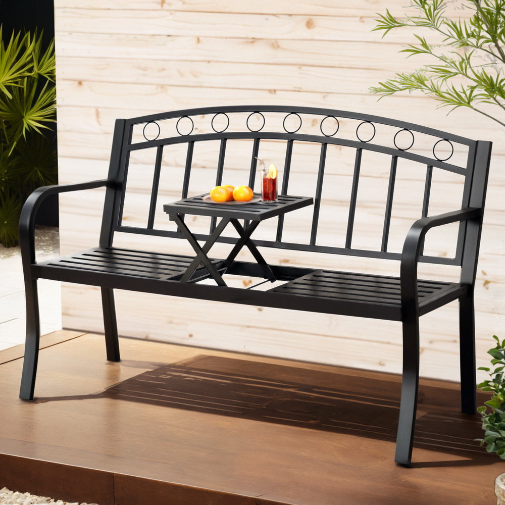 Gardeon Outdoor Garden Bench Seat Loveseat Steel Foldable Table Patio Furniture Black-Furniture > Outdoor > Outdoor Benches-PEROZ Accessories