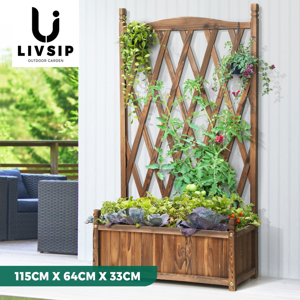 Livsip Wooden Raised Garden Bed with Trellis 64 x 28.5 x 115cm Garden Bed Standing Flower Vegetable Planter-Garden Beds-PEROZ Accessories