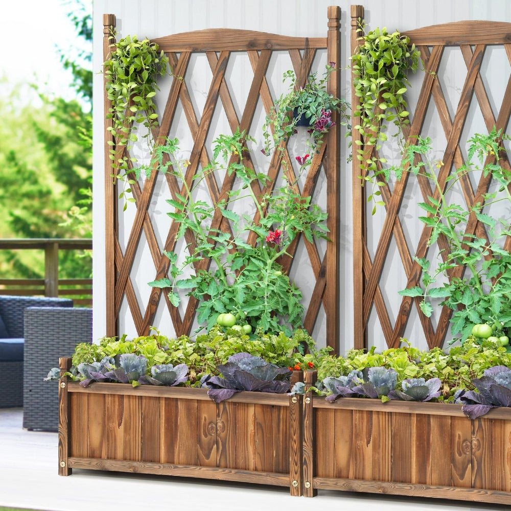 Livsip 2pc Wooden Raised Garden Bed with Trellis 64 x 28.5 x 115cm Garden Bed Standing Flower Vegetable Planter-Garden Beds-PEROZ Accessories