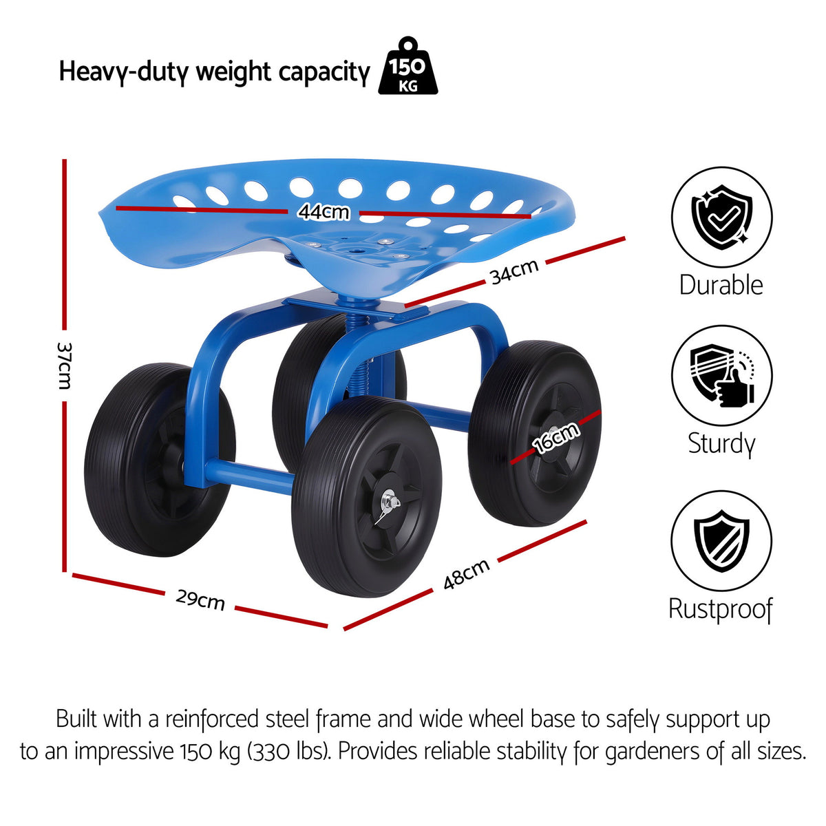 Gardeon Garden Seat 360 Swivel Rolling Adjustable Height Work Scooter Cart Wheels Heavy Duty 150kg-Baby & Kids > Kid&